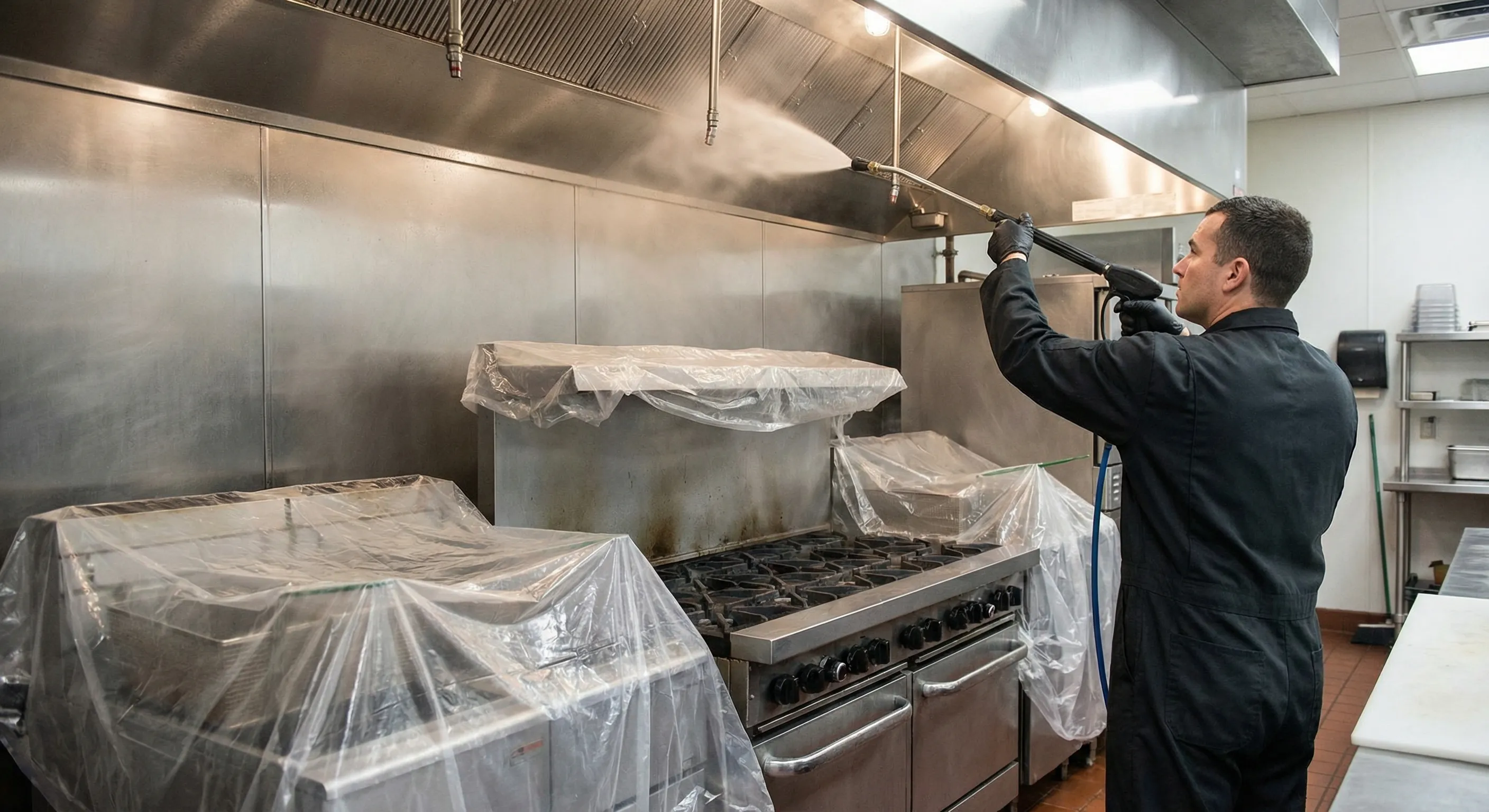 Chicago restaurant hood cleaning technician servicing a commercial kitchen exhaust system